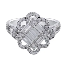 18k White Gold Square Center Floral Loop Bezel Diamond Ring