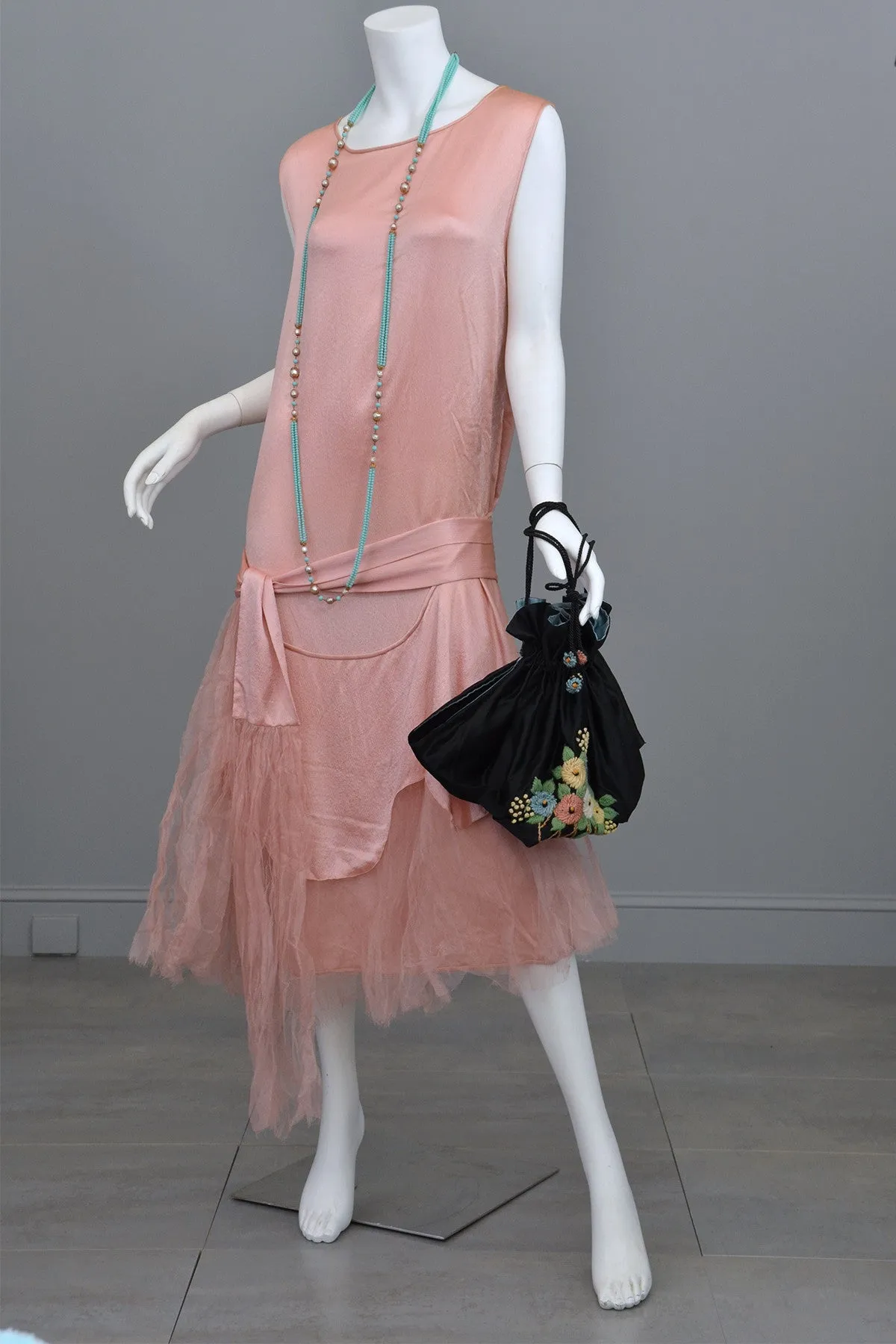 1920s Deco Pink Satin and Tulle Ballerina Flapper Dress