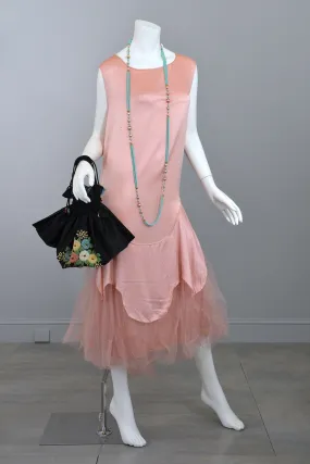 1920s Deco Pink Satin and Tulle Ballerina Flapper Dress