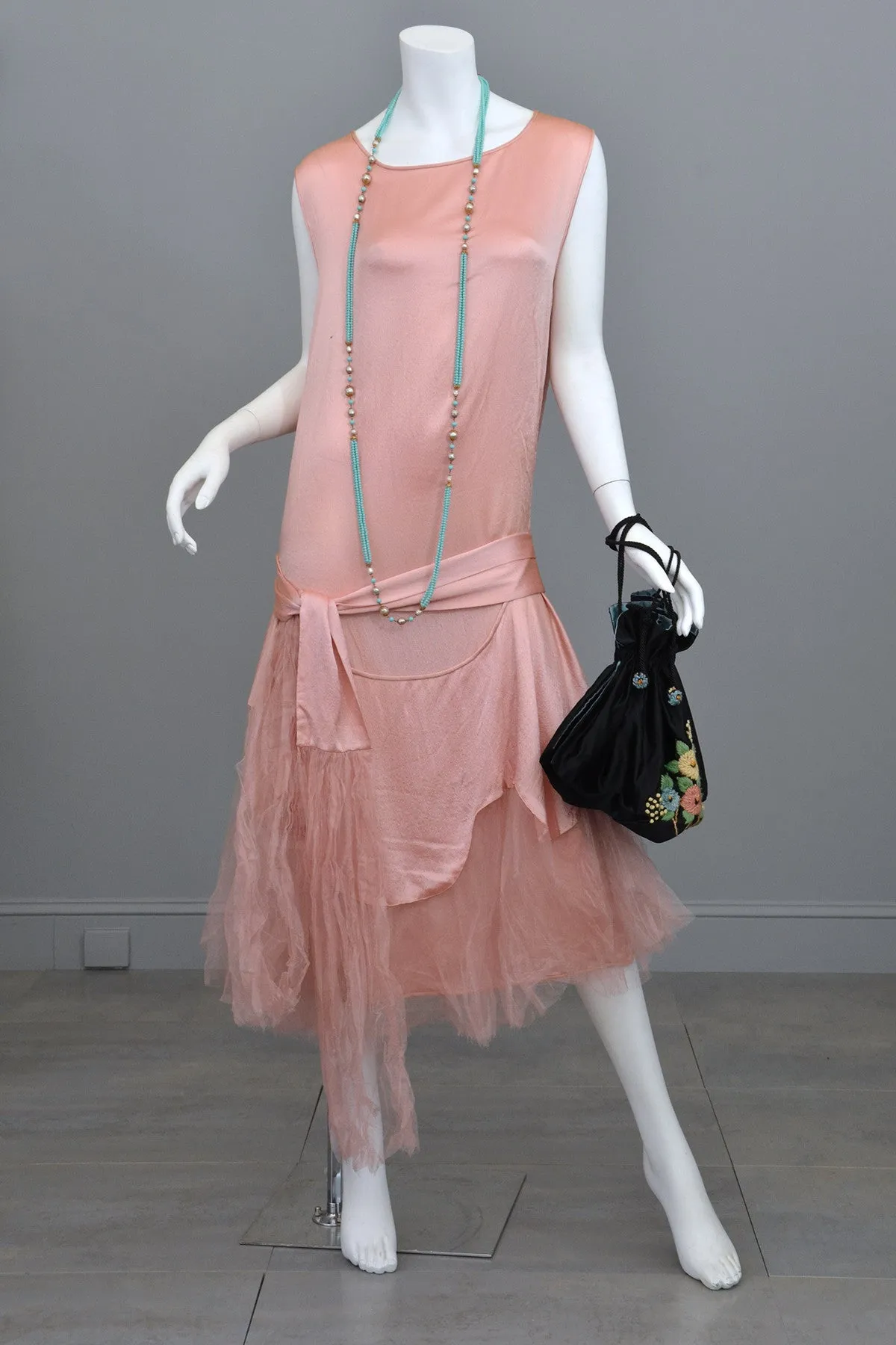 1920s Deco Pink Satin and Tulle Ballerina Flapper Dress