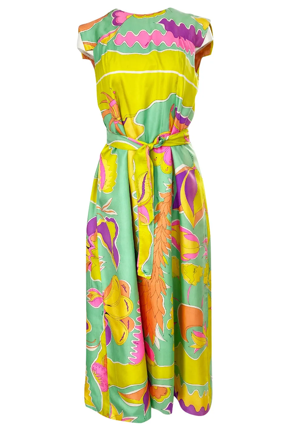 1960s Bessi Vivid Tropical Colors Printed Silk Twill Dress w Belt