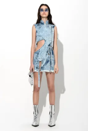 ACID WASH DENIM MANDARIN CUT OUT DRESS