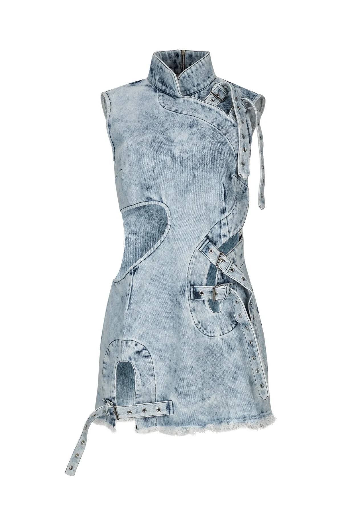 ACID WASH DENIM MANDARIN CUT OUT DRESS