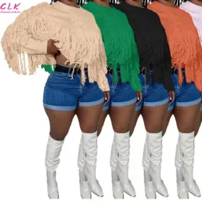 Autumn Women Sweater Tassels Knitwear Long Sleeve Round Neck Fringe Decoration Loose Sweater Tops For Women