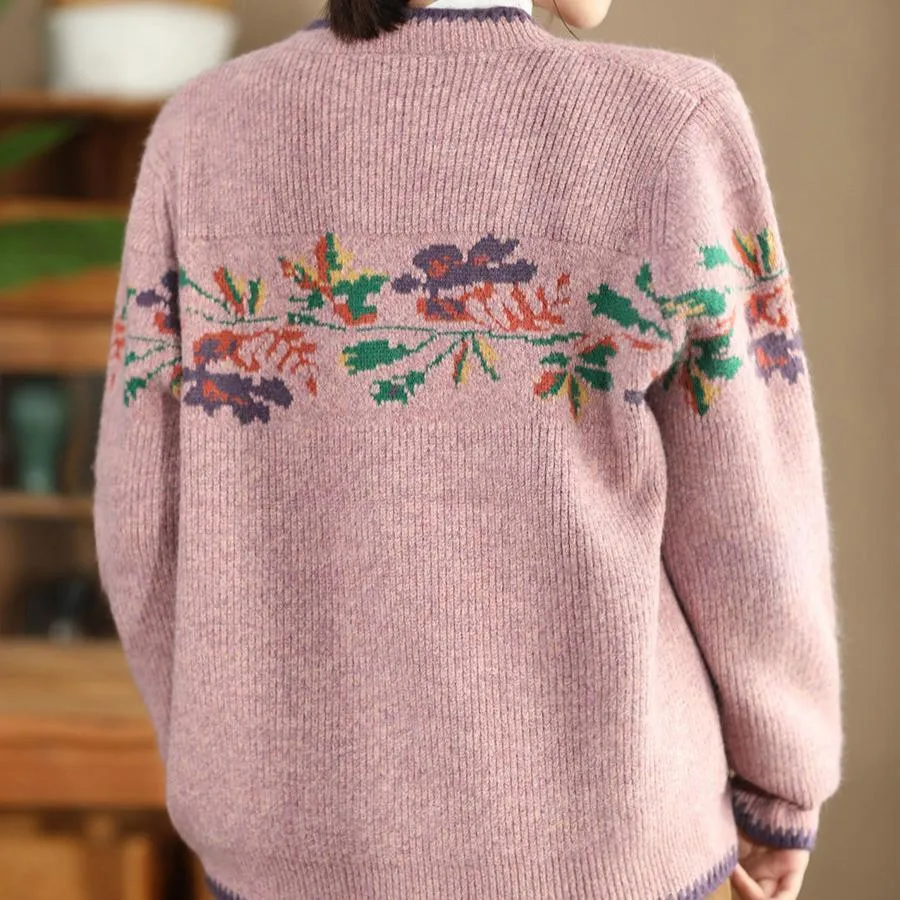 Babakud Women Autumn Retro Artistic Printed Flower Wool Sweater