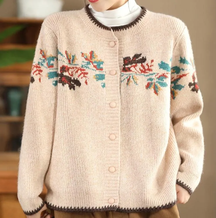 Babakud Women Autumn Retro Artistic Printed Flower Wool Sweater