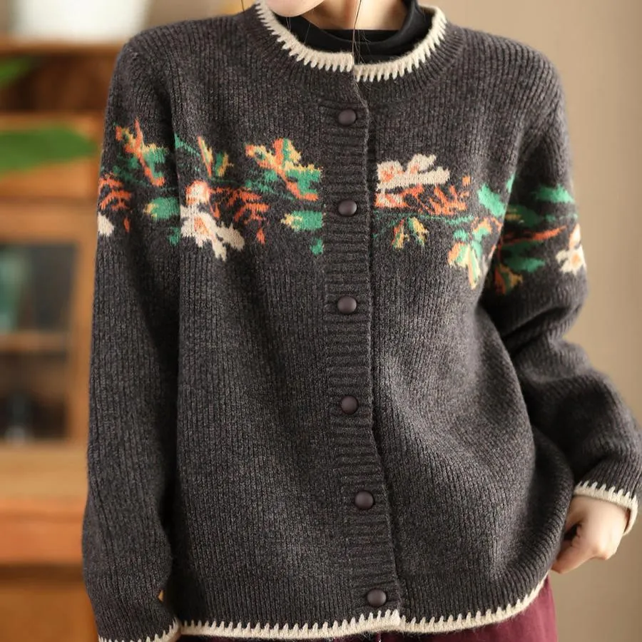 Babakud Women Autumn Retro Artistic Printed Flower Wool Sweater