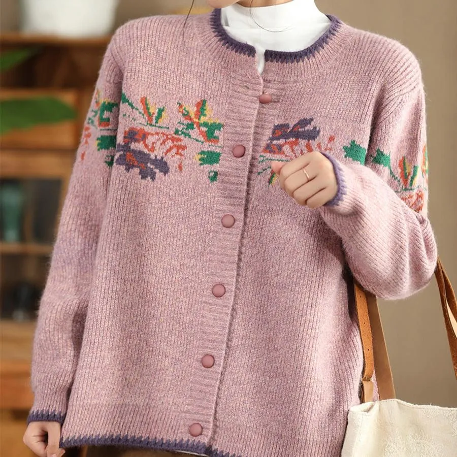 Babakud Women Autumn Retro Artistic Printed Flower Wool Sweater