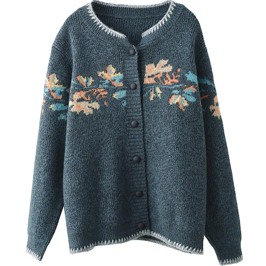 Babakud Women Autumn Retro Artistic Printed Flower Wool Sweater