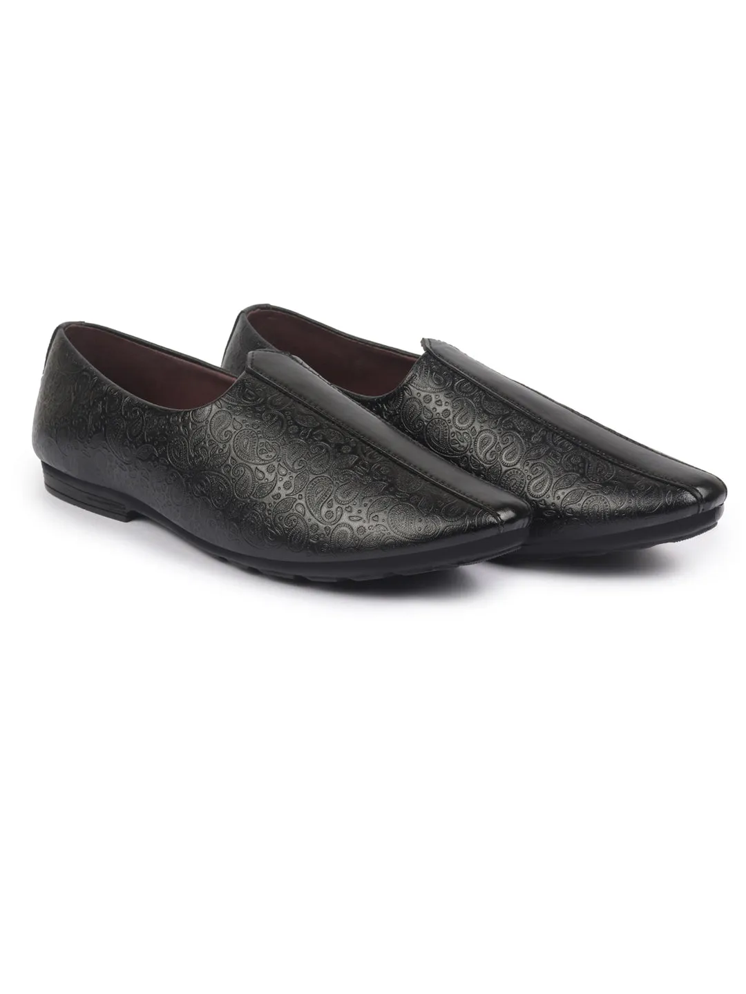 Basics Men Black Textured Floral Prints Slip On Ethnic Juttis and Mojaris