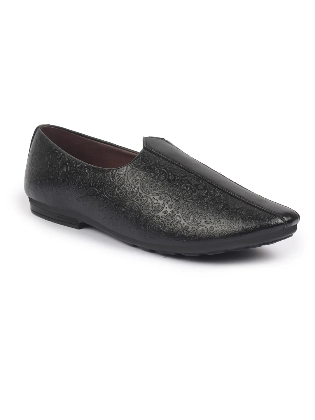 Basics Men Black Textured Floral Prints Slip On Ethnic Juttis and Mojaris