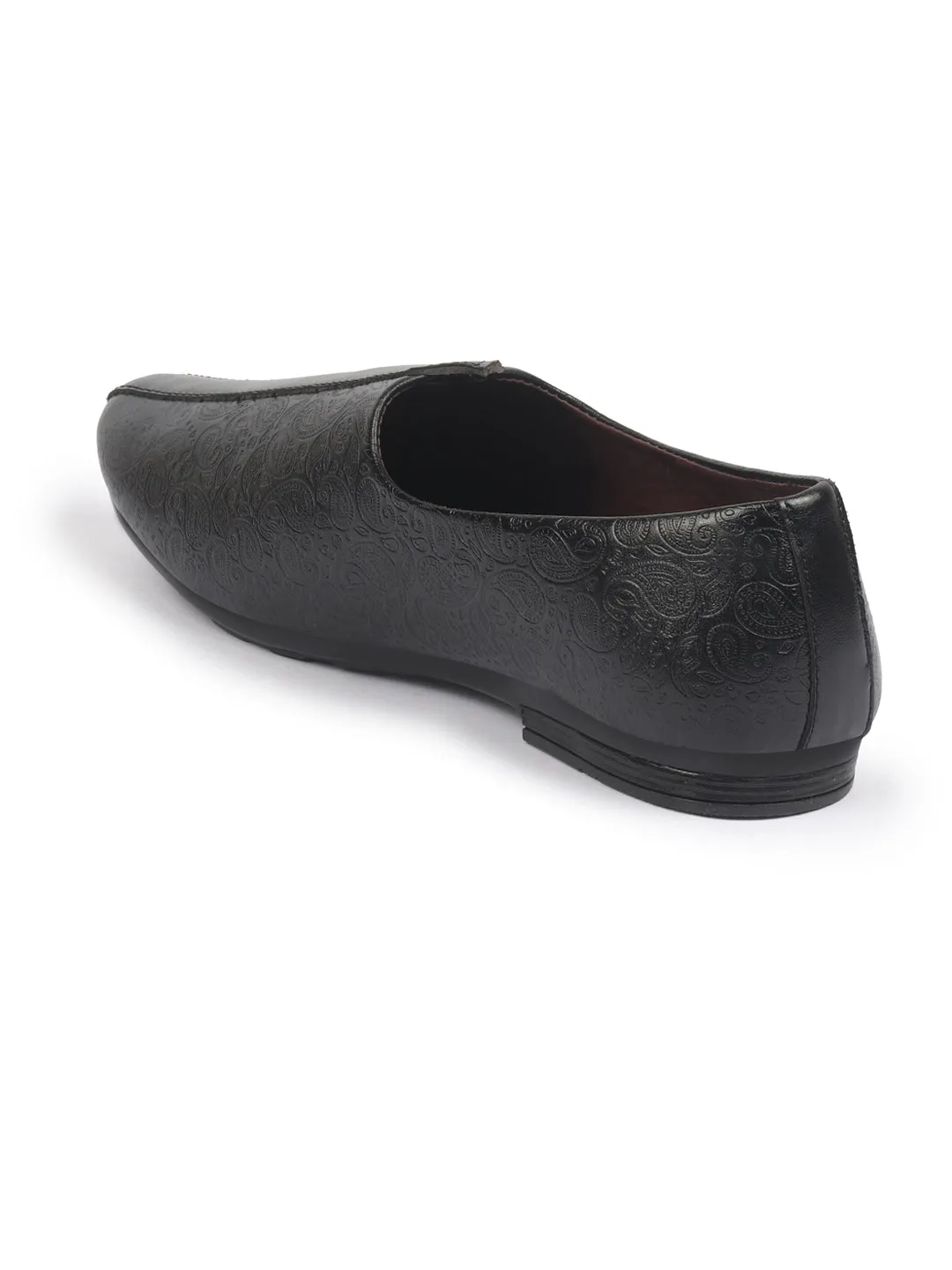 Basics Men Black Textured Floral Prints Slip On Ethnic Juttis and Mojaris