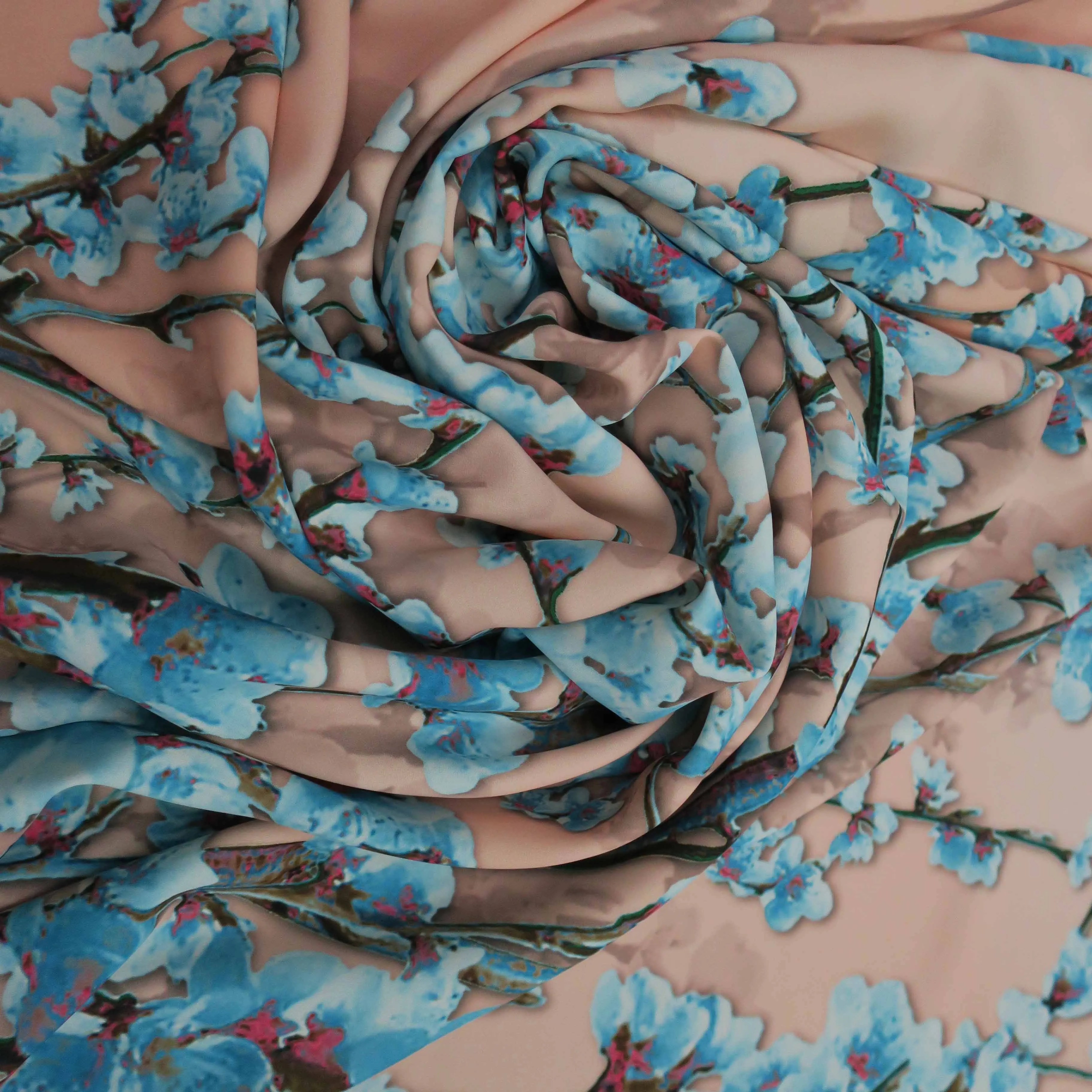 Beige and Aqua Floral Polyester Print Fabric