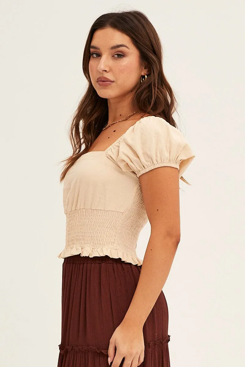 Beige Crop Top Puff Sleeve