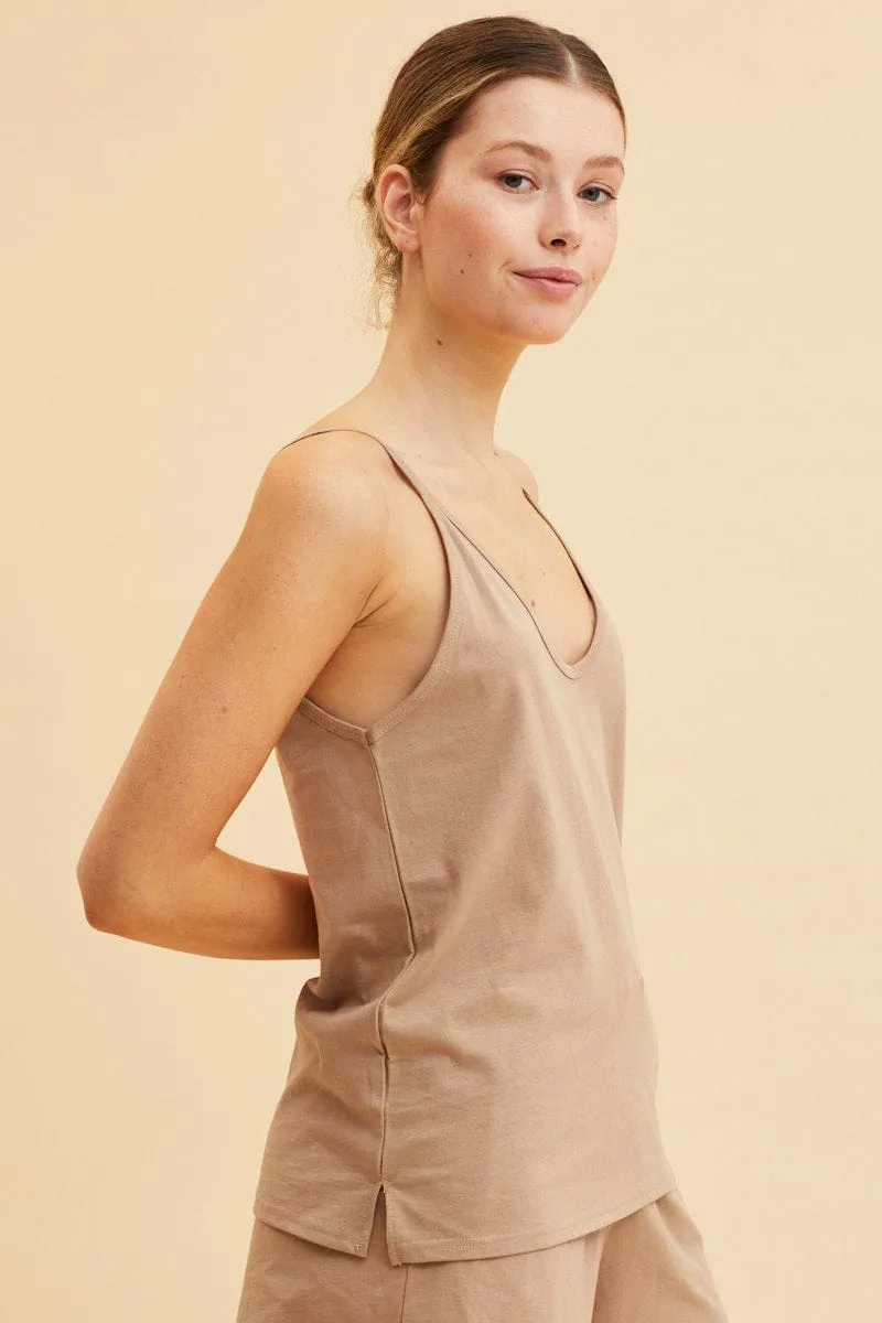 Beige V Neck Singlet Cotton Relaxed Fit