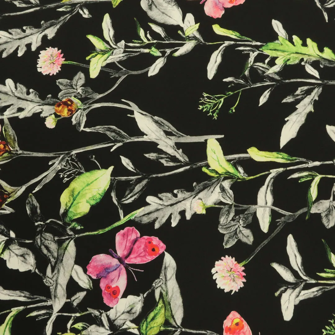 Black Background with Green and Pink Floral and Butterflies Printed Polyester Fabric