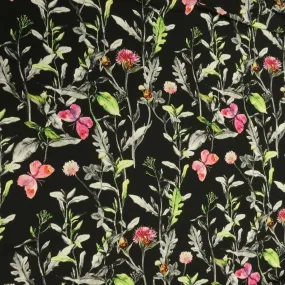 Black Background with Green and Pink Floral and Butterflies Printed Polyester Fabric