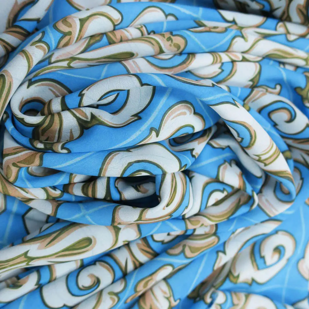 Blue and Beige Arabesque Printed Fabric