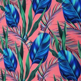 Blue Multicolored Leaves on Pink Printed Polyester