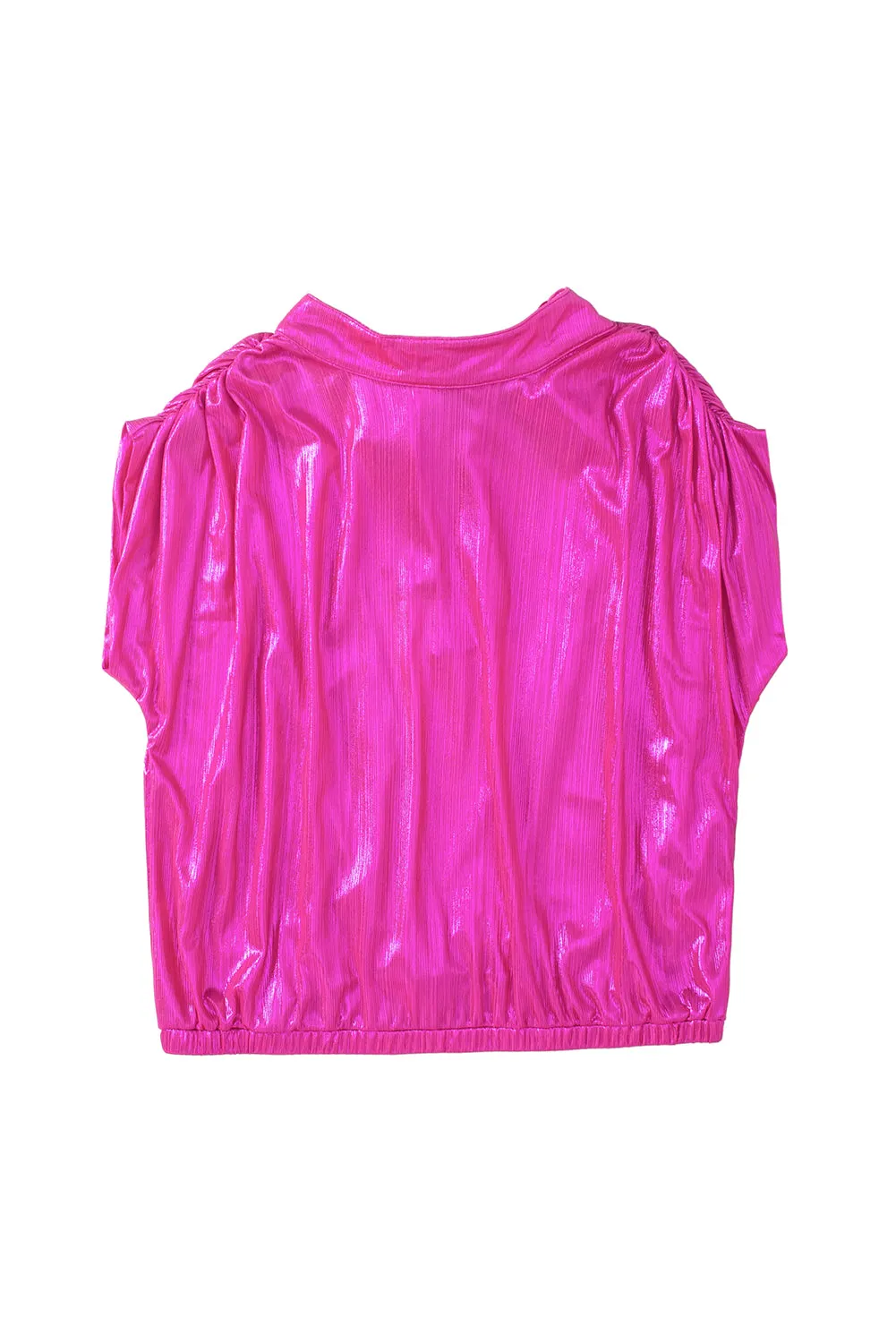 Bright Pink Ruched Sleeves Knotted Backless Blouse