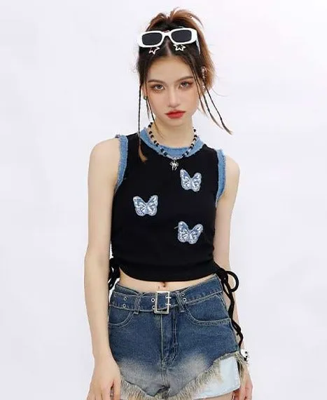 Butterfly Patchwork Ruched Crop Top