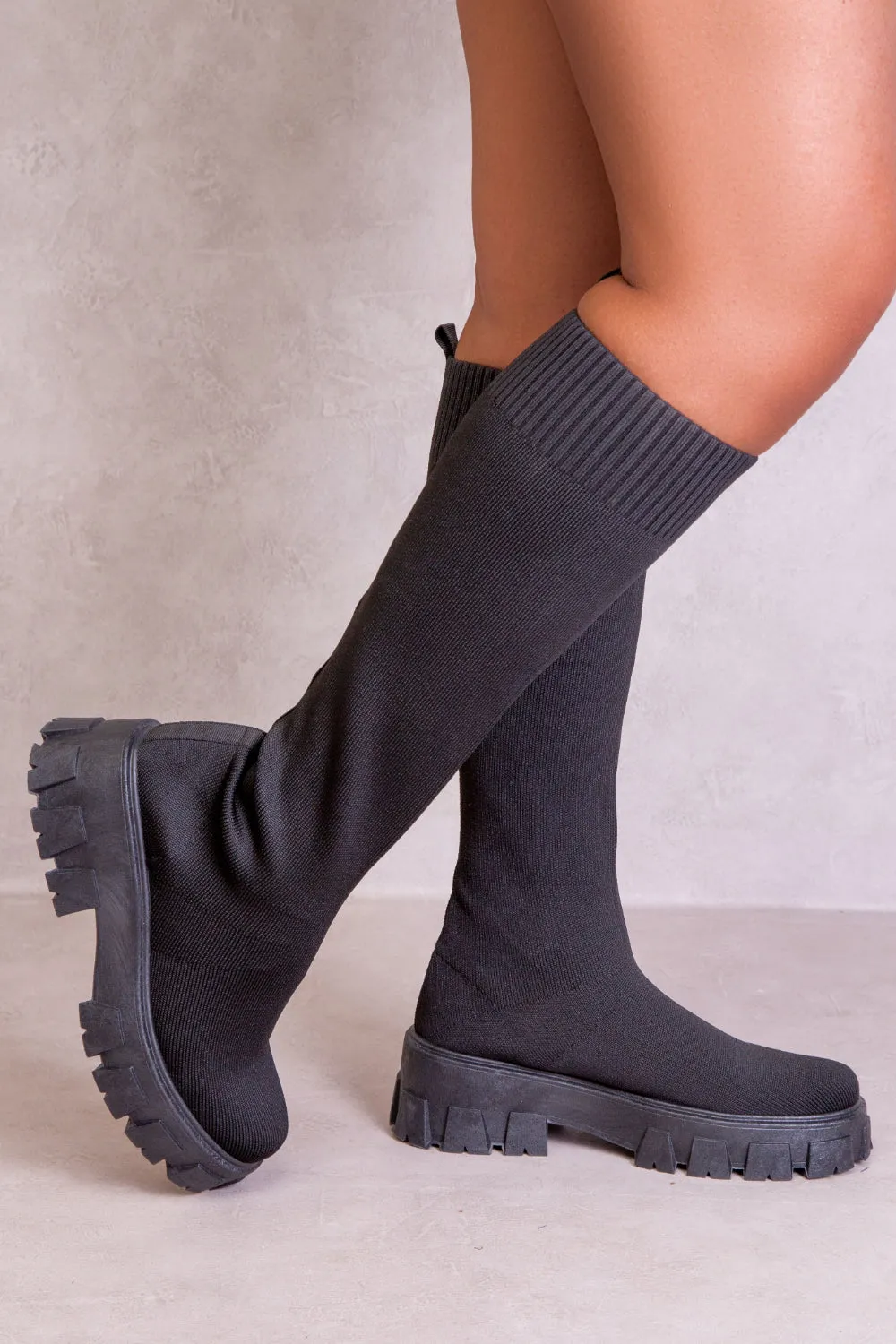 CHARMAINE CHUNKY KNEE HIGH BOOT WITH KNITTED SOCK IN BLACK