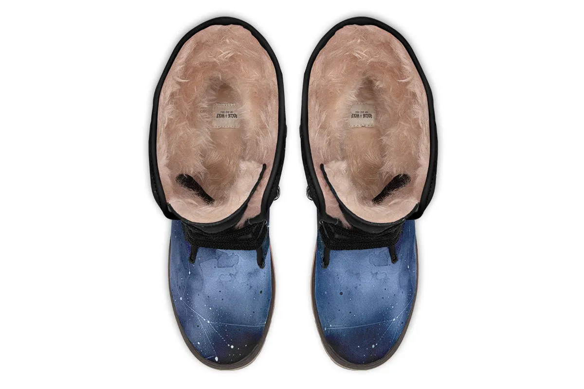 Deep Blue Fold Over Winter Boots - Microsuede Vegan Boots with Fur Lining and Convertible Style