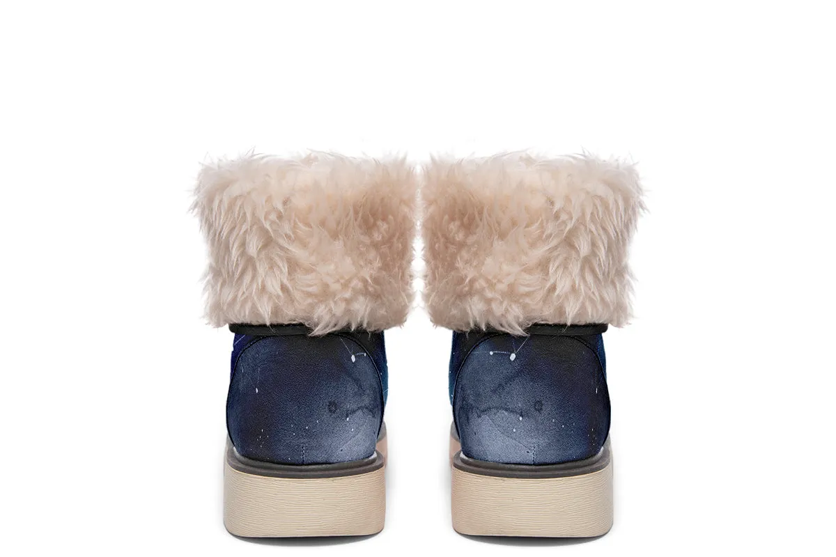 Deep Blue Fold Over Winter Boots - Microsuede Vegan Boots with Fur Lining and Convertible Style