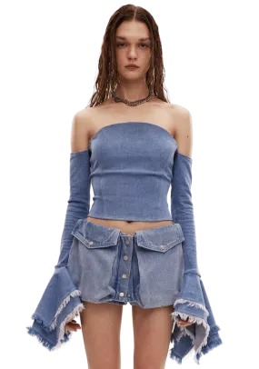 Denim Geometric Bell Sleeve Top