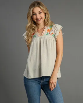 Embroidery Ruffle Sleeve Top