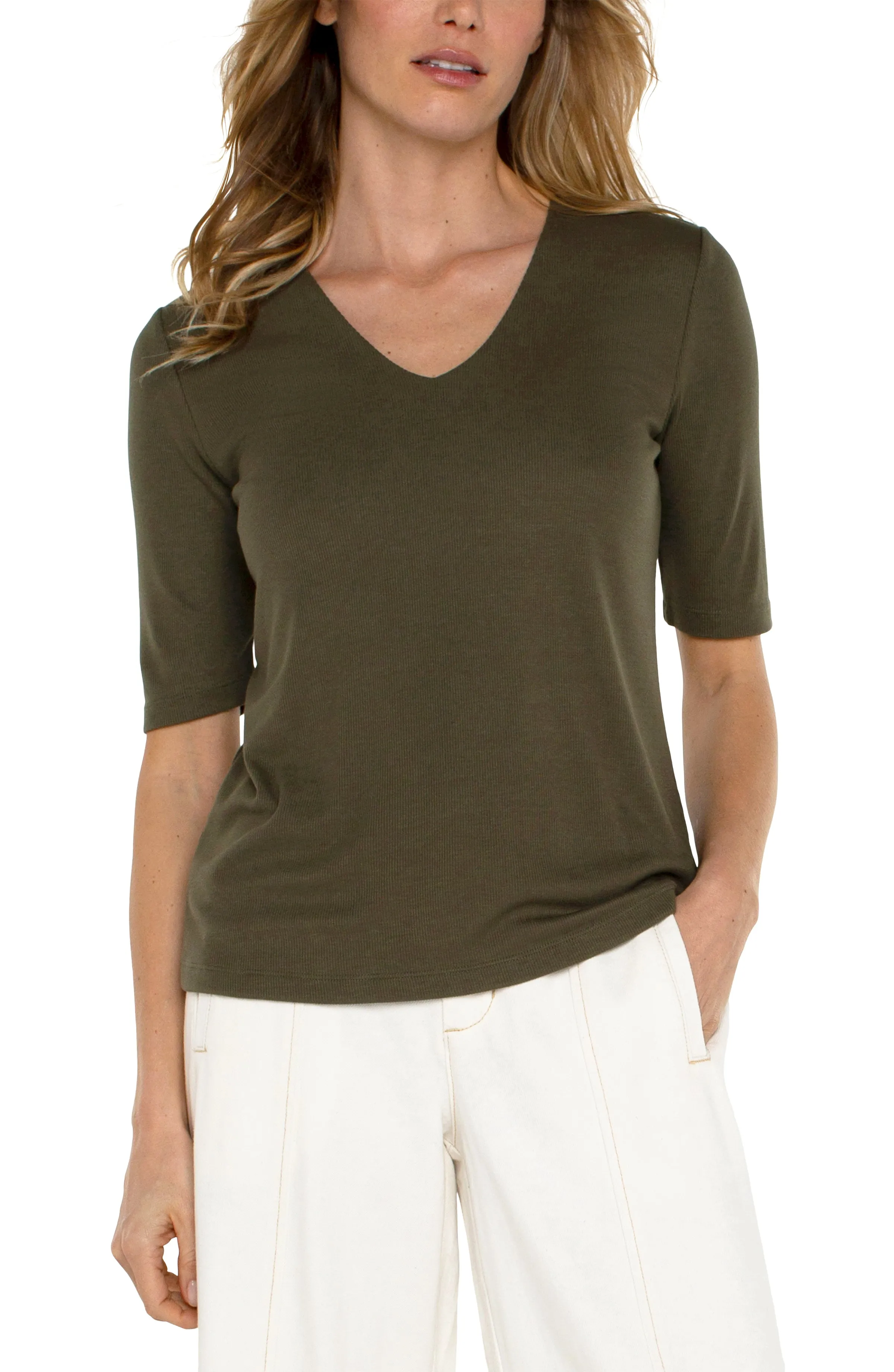 Liverpool Double Layer V Neck 1/2 Sleeve Rib Knit Top (Spanish Olive)