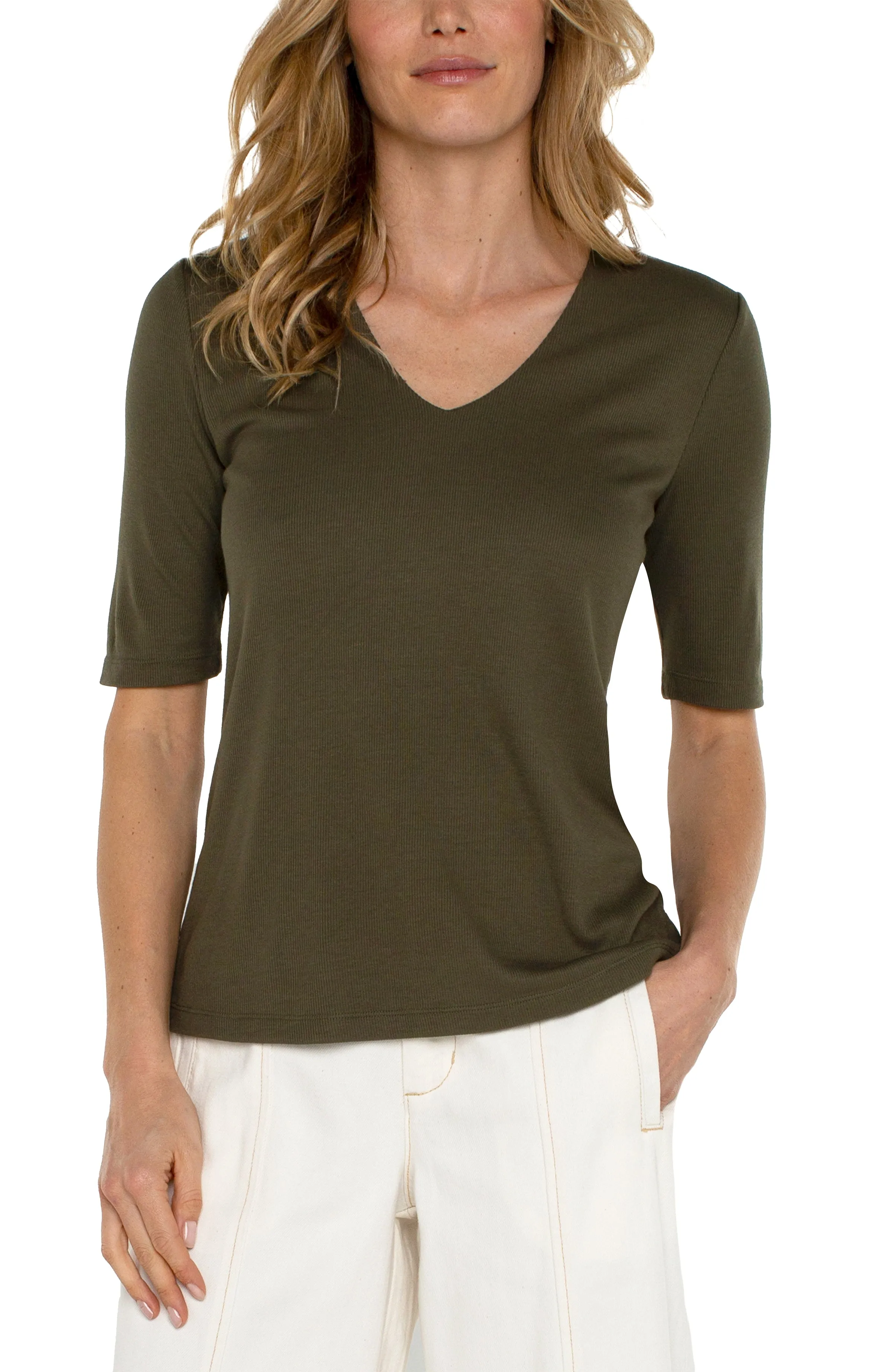 Liverpool Double Layer V Neck 1/2 Sleeve Rib Knit Top (Spanish Olive)