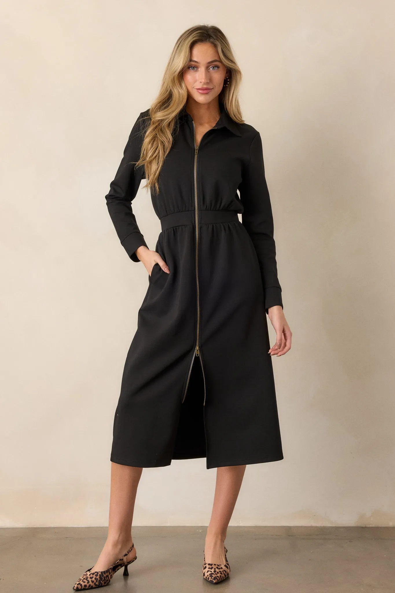 Lost In The Moment Black Long Sleeve Midi Dress