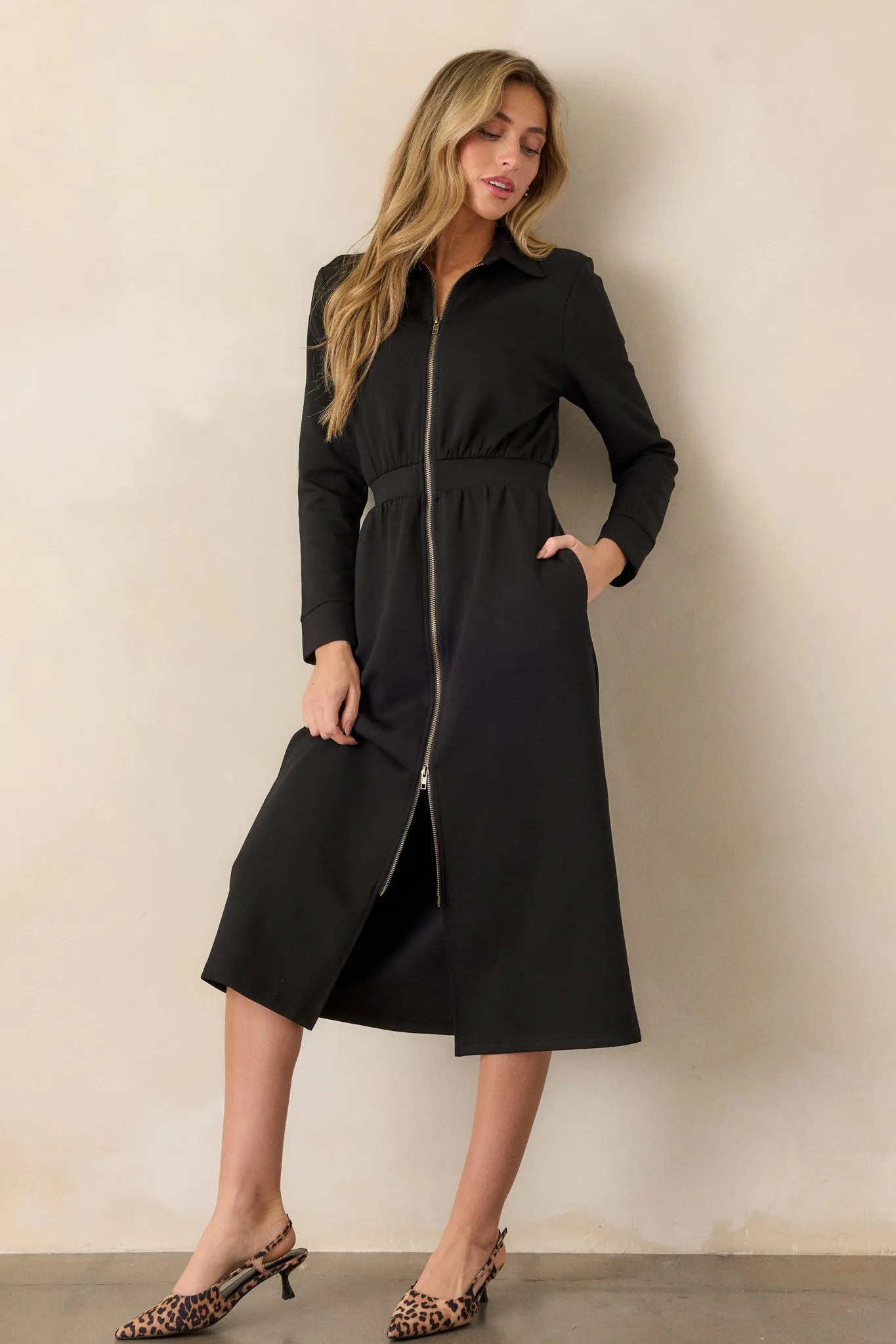 Lost In The Moment Black Long Sleeve Midi Dress