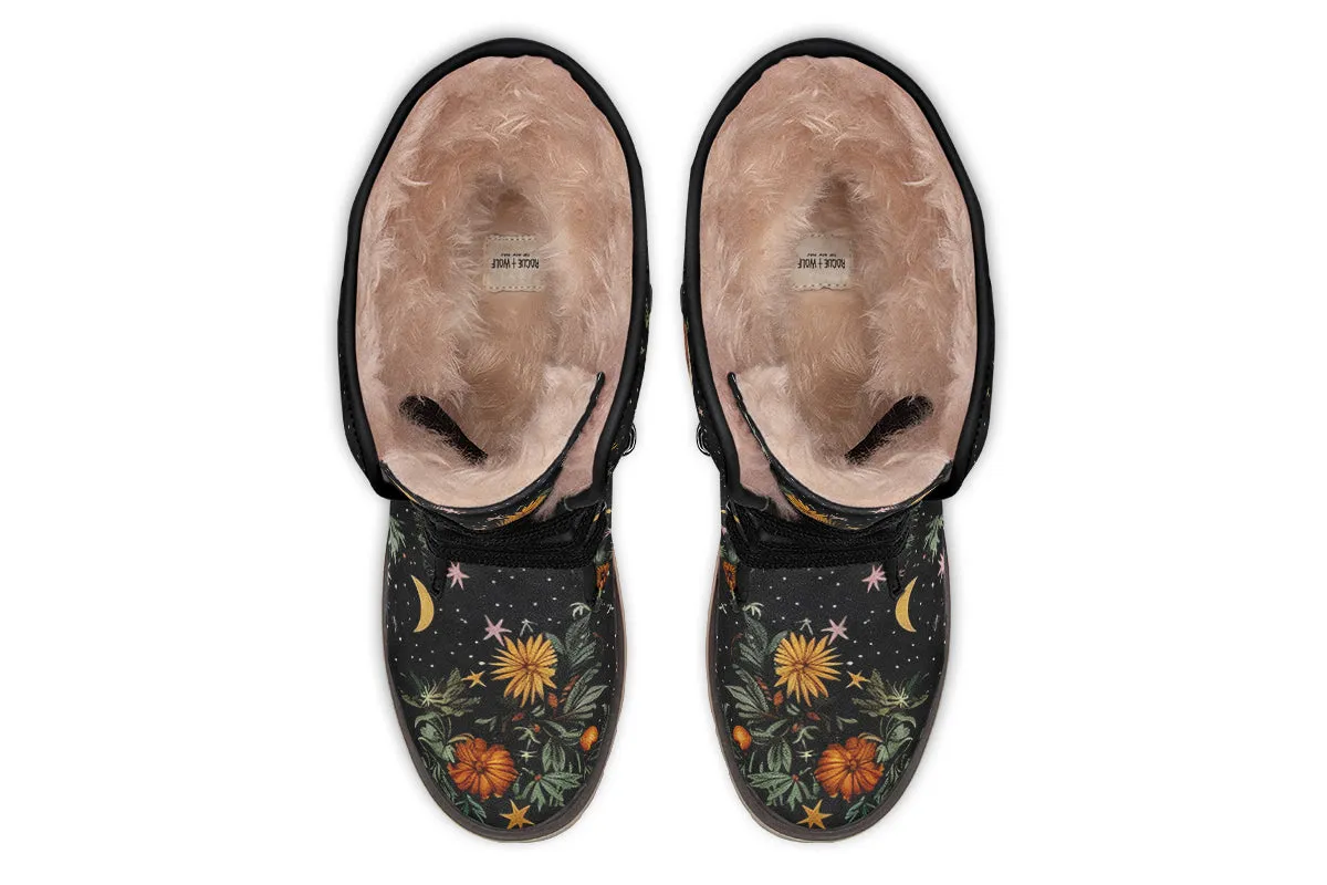 Lunar Meadow Fold Over Winter Boots - Microsuede Vegan Boots with Fur Lining and Convertible Style