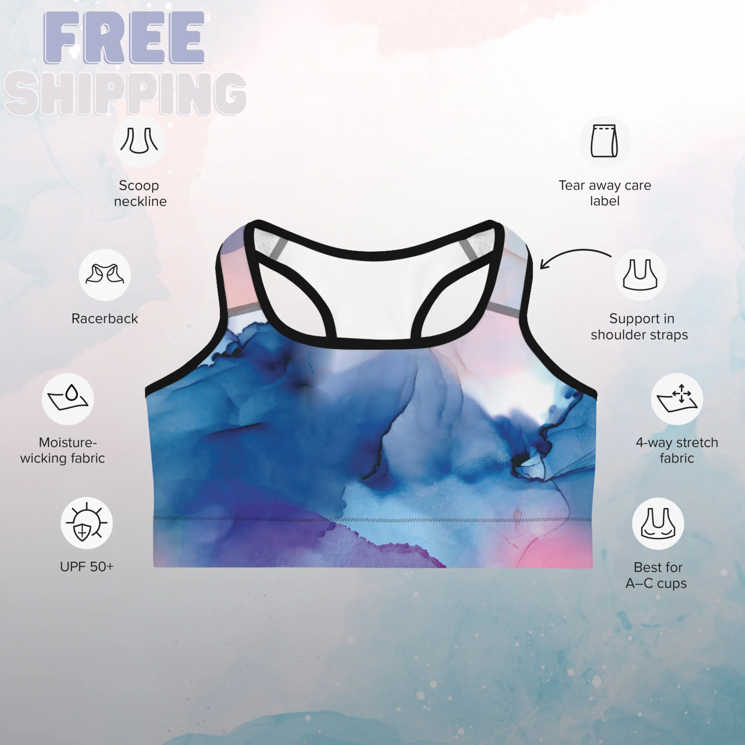 Pastel Marbling Light Weight Womens Sports Bra for Fitness or Swimming