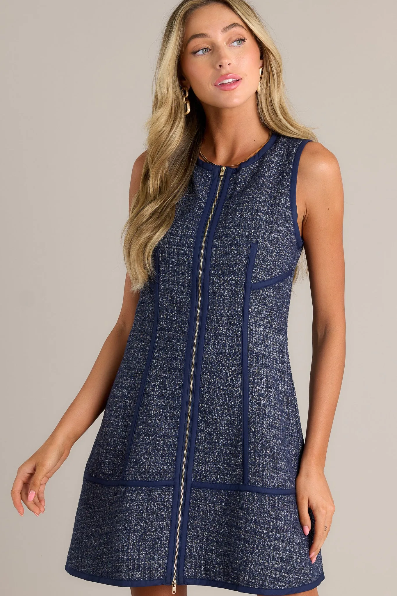 Posh Perfection Navy Tweed Zip Front Mini Dress