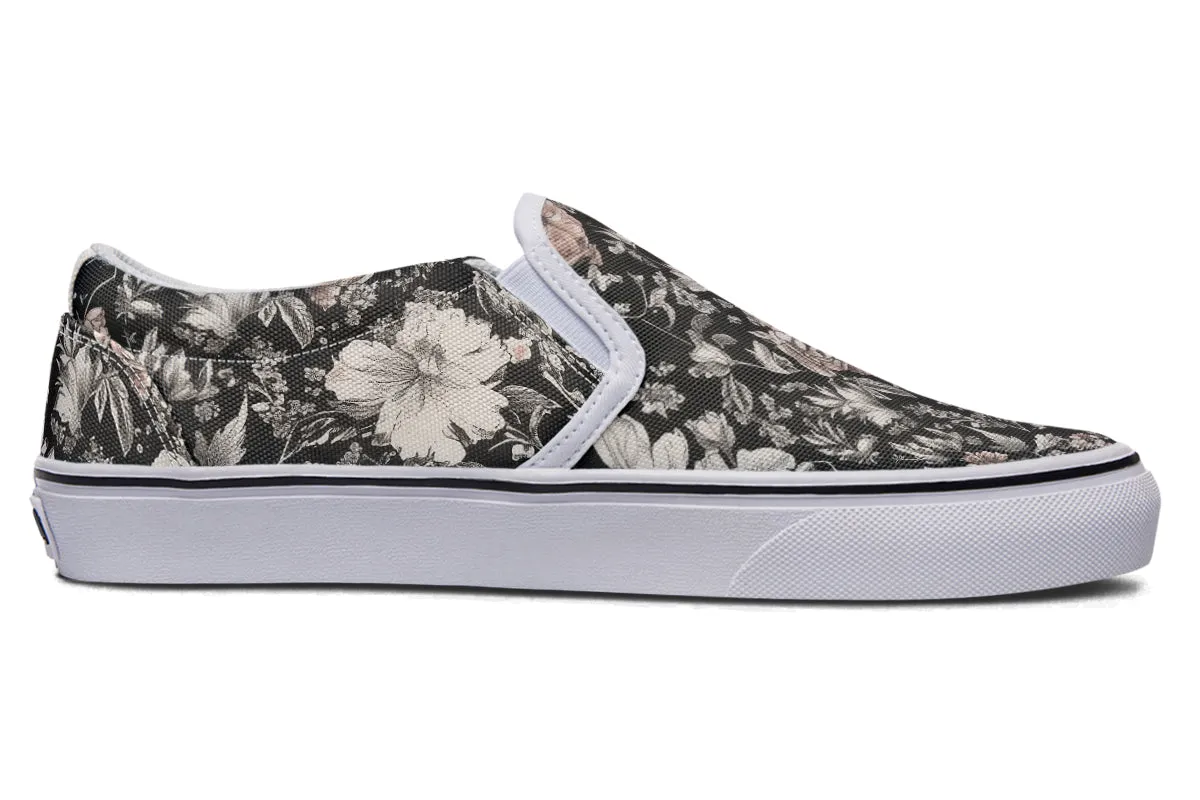 Vintage Peonies Slipons - Comfortable Vegan Canvas Shoes with Easy Elastic In-Step