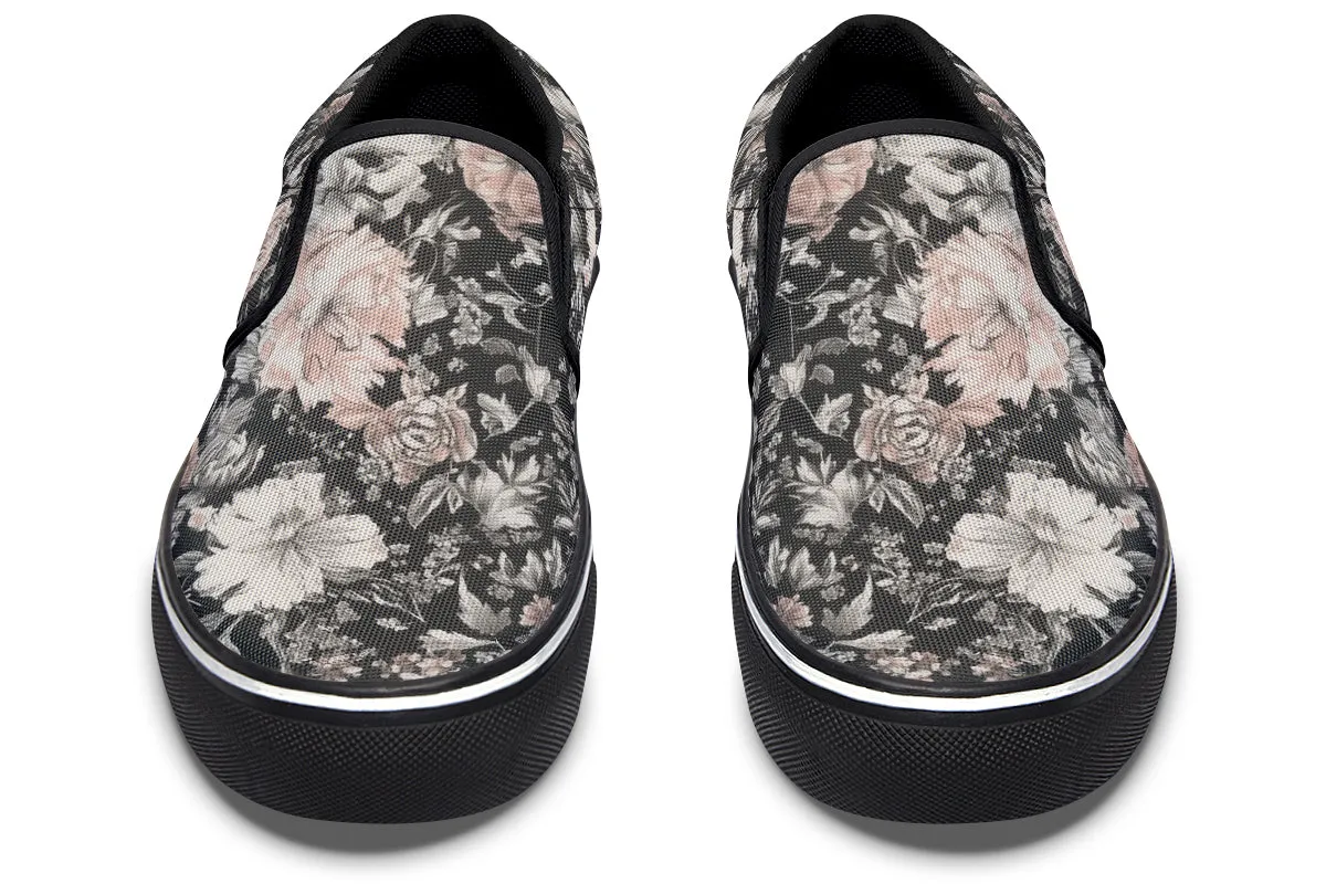 Vintage Peonies Slipons - Comfortable Vegan Canvas Shoes with Easy Elastic In-Step