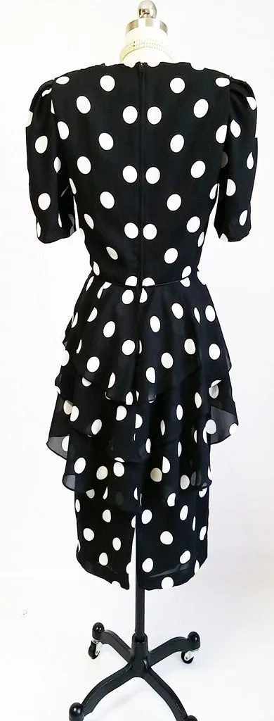 *VINTAGE URSULA BLACK & WHITE DOT FLOUNCE PEPLUM TIERED DRESS