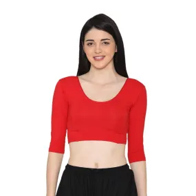 Women's 3/4 Length Cotton Stretchable Readymade Plain Blouse - Red