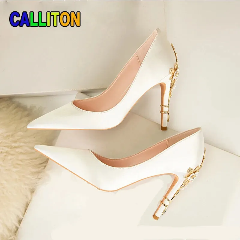 Women's Shoes Party Designer Satin Fashion Sexy Stiletto High Heels Elegant Wedding Shoes Bride Banquet Metal Flowers Pumps 2022