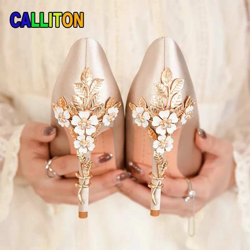 Women's Shoes Party Designer Satin Fashion Sexy Stiletto High Heels Elegant Wedding Shoes Bride Banquet Metal Flowers Pumps 2022