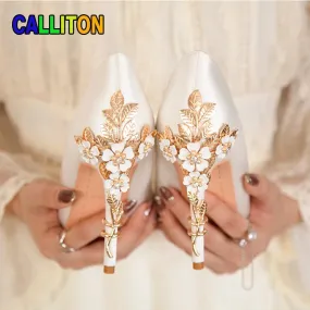 Women's Shoes Party Designer Satin Fashion Sexy Stiletto High Heels Elegant Wedding Shoes Bride Banquet Metal Flowers Pumps 2022