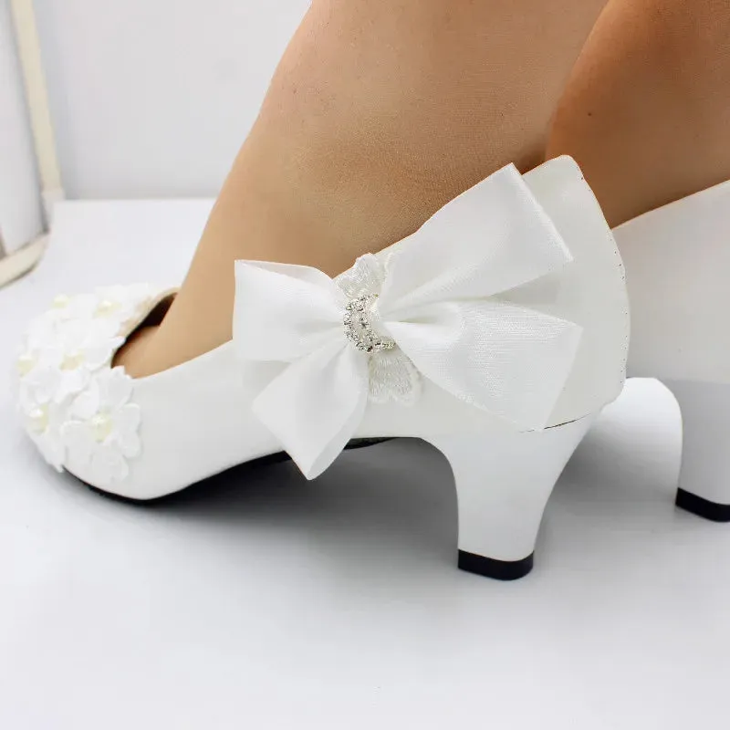 【Xingchenmao】New Bow White High Heel Wedding Shoes Square Heel Wedding Shoes Bridesmaid Shoes Made in China BH2104