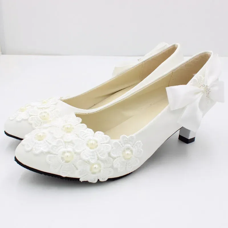 【Xingchenmao】New Bow White High Heel Wedding Shoes Square Heel Wedding Shoes Bridesmaid Shoes Made in China BH2104